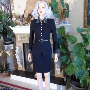 St. John Evening Black Skirt Suit w/Siver Studded & Crystal Accents Size 2/4